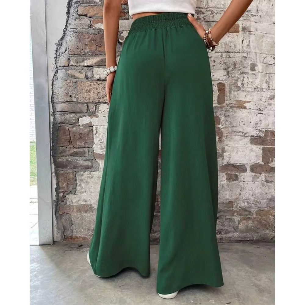 Wide Leg Pants Women L Green Smocked High Waist Palazzo Boho Flowy Office Casual - Picture 9 of 9